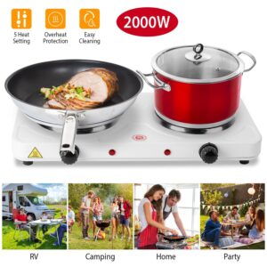 TeqHome Hot Plate, 2000W Portable Electric Stove for Cooking with 5 Levels Adjustable Temperature & Dual Control, Countertop Double Coil Burner Cast Iron Cooktop for All Cookwares RV Home Camp (White)