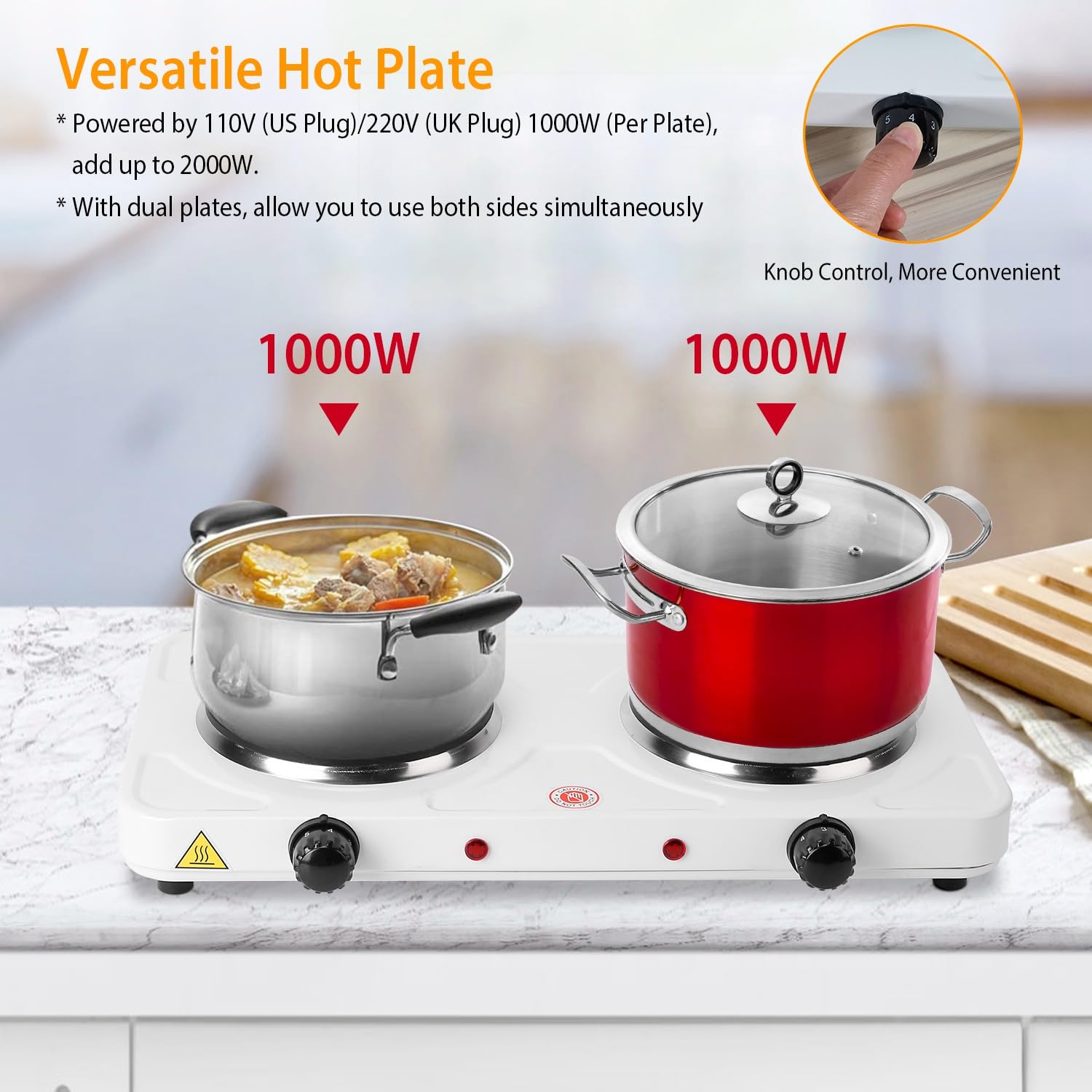 TeqHome Hot Plate, 2000W Portable Electric Stove for Cooking with 5 Levels Adjustable Temperature & Dual Control, Countertop Double Coil Burner Cast Iron Cooktop for All Cookwares RV Home Camp (White)