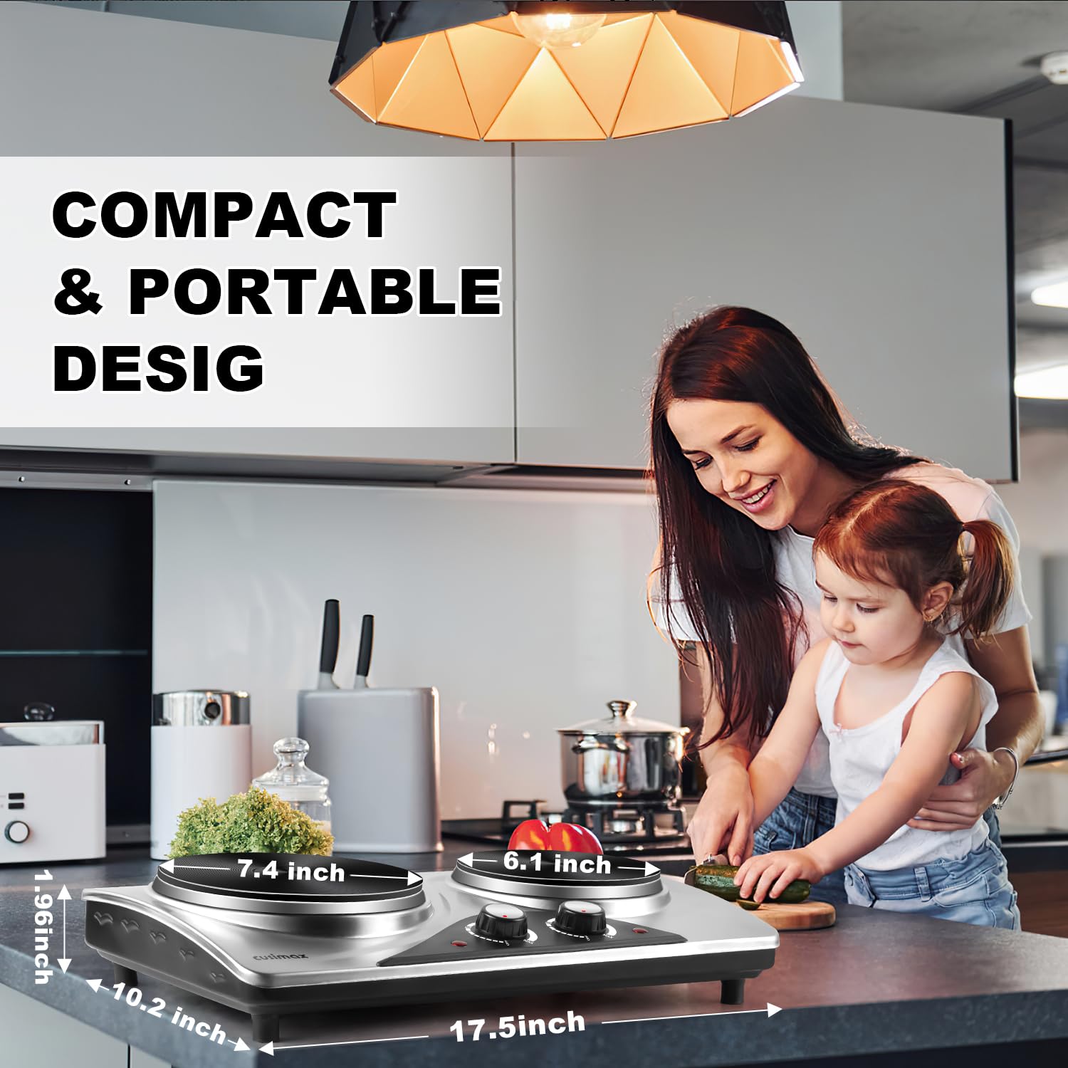 Double Hot Plate, CUSIMAX 1800W Double Burners Portable Electric Stove, Electric Hot Plate for Cooking, Countertop Burner with Dual Adjustable Temperature, Compatible for All Cookwares, Sliver