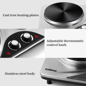 Double Hot Plate, CUSIMAX 1800W Double Burners Portable Electric Stove, Electric Hot Plate for Cooking, Countertop Burner with Dual Adjustable Temperature, Compatible for All Cookwares, Sliver