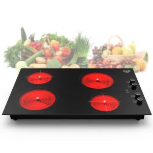 GIHETKUT Electric Cooktop, Hot Plate Electric Control by Knob, Built-in 4 Burners Electric Stove Top with 9 Power Levels, Child Safety Lock & 99mins Timer, 220-240V, 7200W