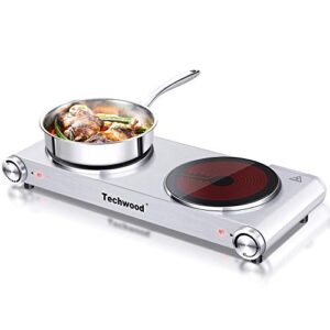 Hot Plate, Techwood 1800W Dual Electric Stoves, Countertop Stove Double Burner for Cooking, Infrared Ceramic Hot Plates Double Cooktop, Silver, Brushed Stainless Steel Easy to Clean Upgraded Version