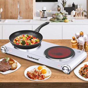 Hot Plate, Techwood 1800W Dual Electric Stoves, Countertop Stove Double Burner for Cooking, Infrared Ceramic Hot Plates Double Cooktop, Silver, Brushed Stainless Steel Easy to Clean Upgraded Version