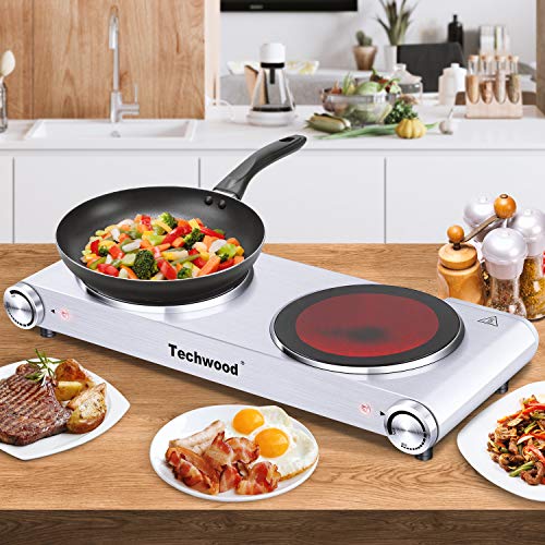 Hot Plate, Techwood 1800W Dual Electric Stoves, Countertop Stove Double Burner for Cooking, Infrared Ceramic Hot Plates Double Cooktop, Silver, Brushed Stainless Steel Easy to Clean Upgraded Version