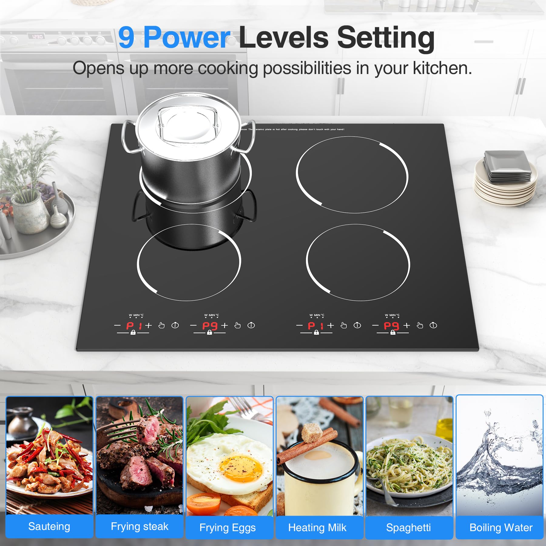 VBGK 30 inch induction cooktop, Built-in Induction Cooktop 4 Burner, Electric cooktop 30 inch 6000W,220-240V with Child Safety Lock -Touchscreen Control,Timer,9 Heating Levels (No Plug)