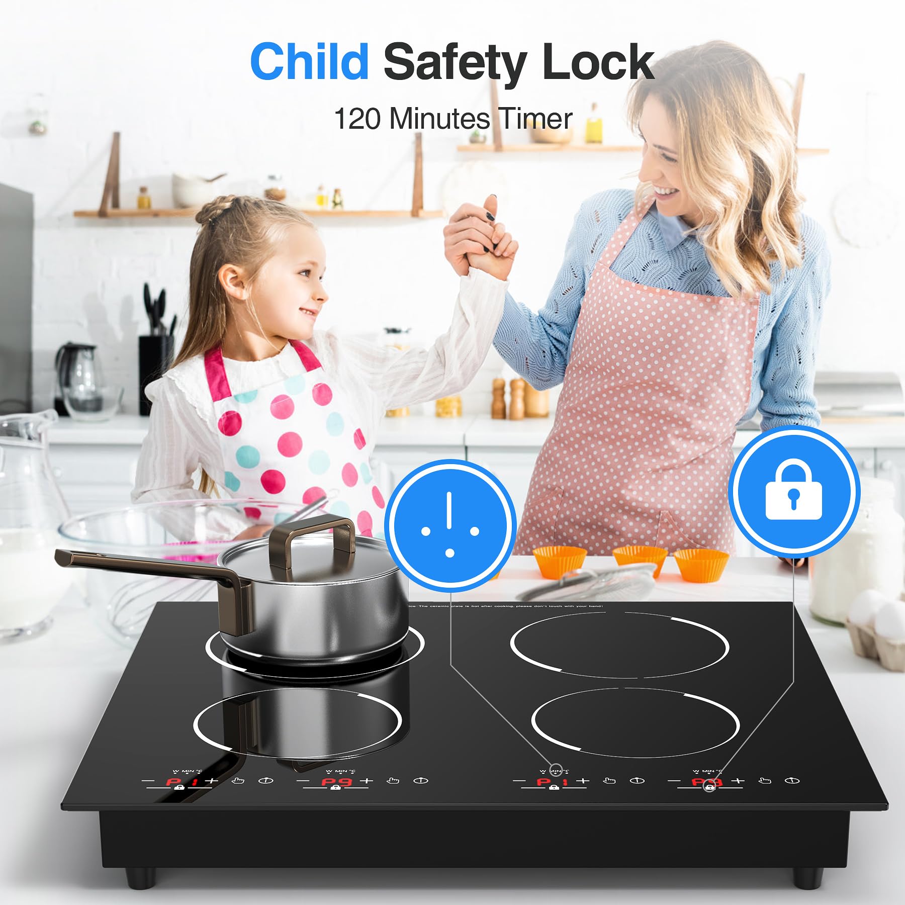 VBGK 30 inch induction cooktop, Built-in Induction Cooktop 4 Burner, Electric cooktop 30 inch 6000W,220-240V with Child Safety Lock -Touchscreen Control,Timer,9 Heating Levels (No Plug)