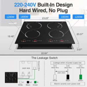 VBGK 30 inch induction cooktop, Built-in Induction Cooktop 4 Burner, Electric cooktop 30 inch 6000W,220-240V with Child Safety Lock -Touchscreen Control,Timer,9 Heating Levels (No Plug)