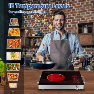 SizzleCook Infrared Single Burner Electric Stove, Portable Small Counter Top Hot Plate for Cooking, 2200W Ceramic Glass Infrared Burner with Touchscreen LCD Display