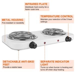 Countertop Burner, Electric Double Burners 2000 Watts, Hot Plate Cooktop with 5 Temperature Control, Non Slip Rubber Feet, Portable Coil Heating Stove Countertop RV Hotplate for Home or Dorm(White 2)