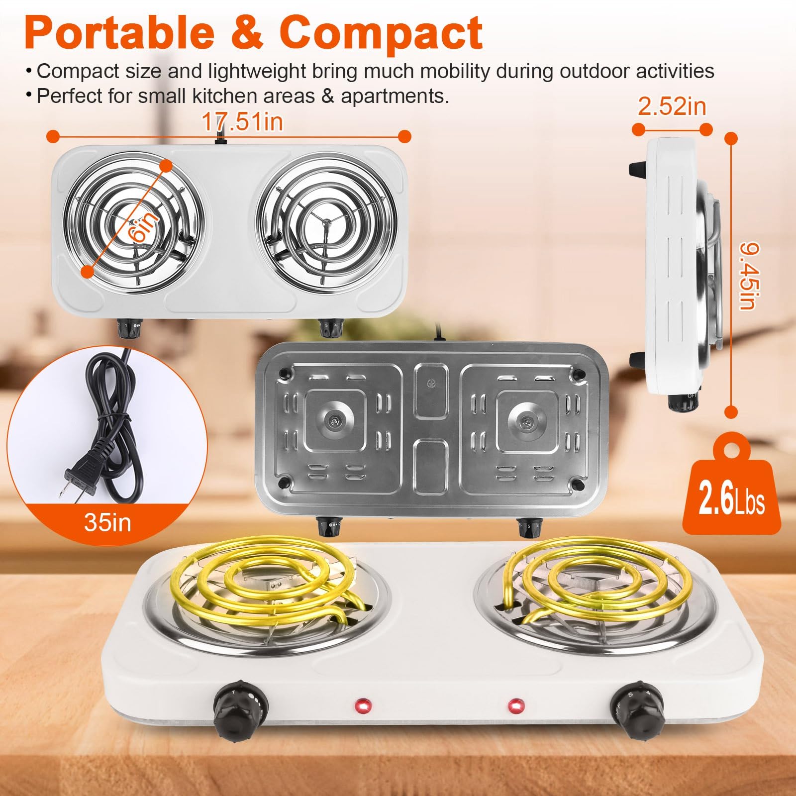 Countertop Burner, Electric Double Burners 2000 Watts, Hot Plate Cooktop with 5 Temperature Control, Non Slip Rubber Feet, Portable Coil Heating Stove Countertop RV Hotplate for Home or Dorm(White 2)