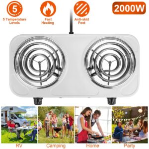 Countertop Burner, Electric Double Burners 2000 Watts, Hot Plate Cooktop with 5 Temperature Control, Non Slip Rubber Feet, Portable Coil Heating Stove Countertop RV Hotplate for Home or Dorm(White 2)