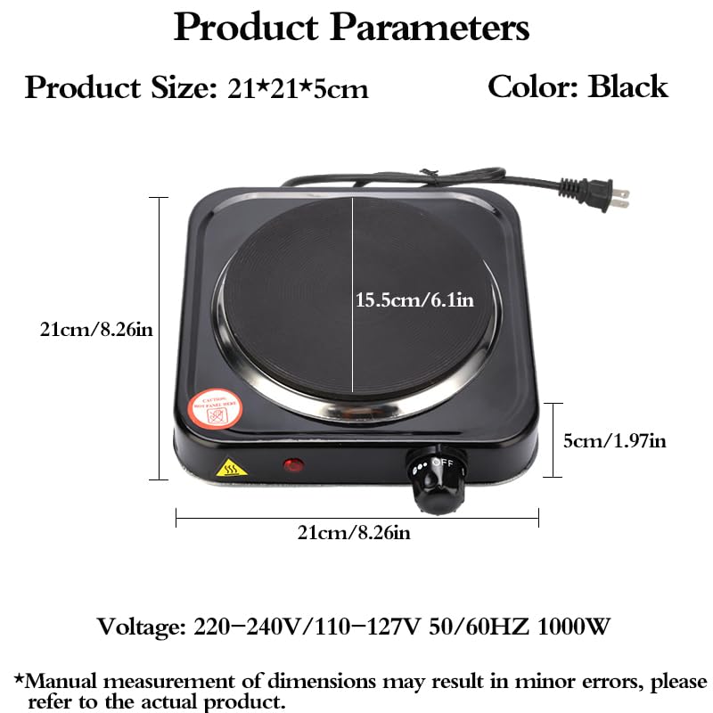 Compact and Portable Countertop Burner- Countertop Single Cast Iron Burner 1000 Watts Electric Hot Plate Temperature Controls Black