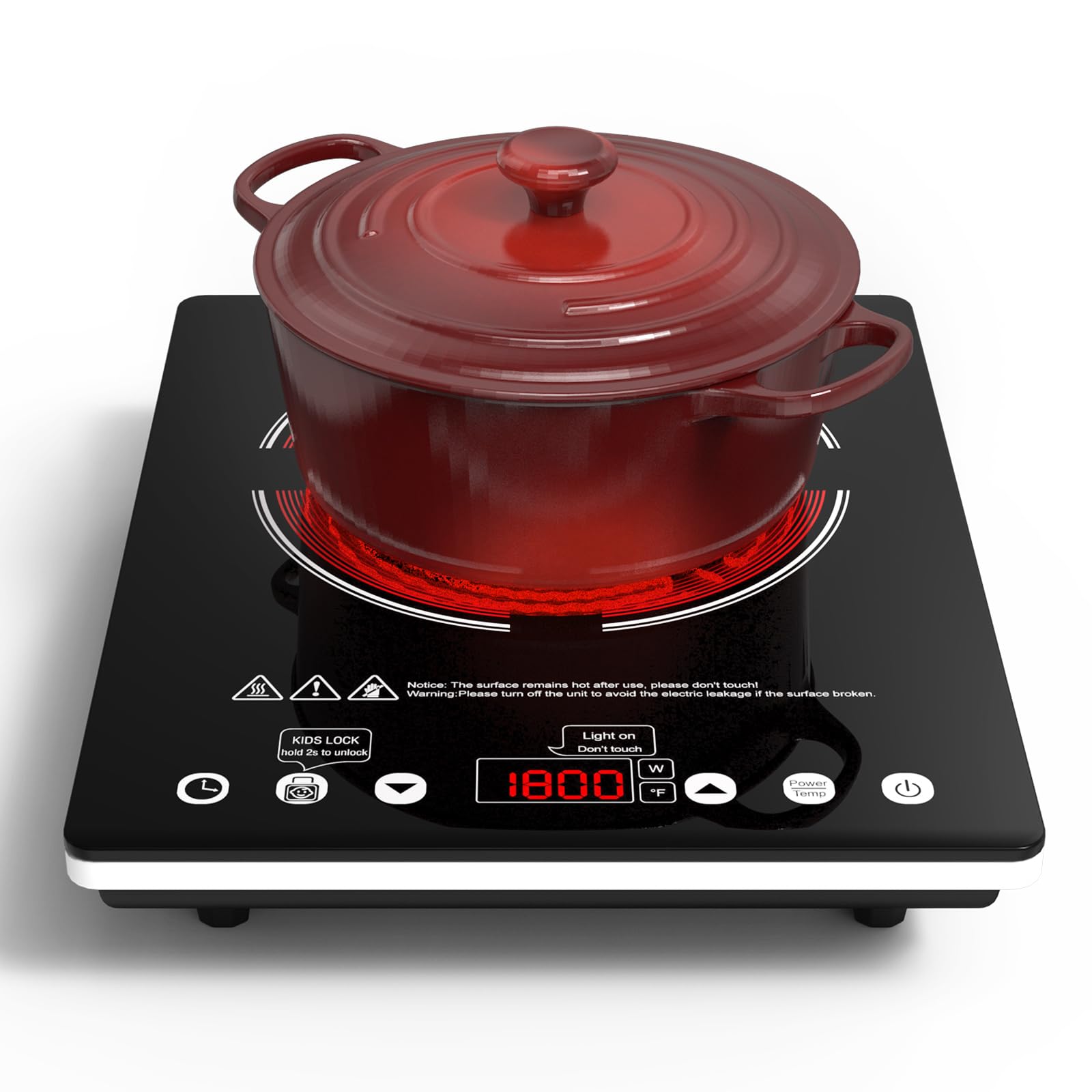 Electric Cooktop, 1800W Single Burner Electric Stove 110v Countertop Hot Plates Electric Plug in, Touch Control, Child Lock, 9 Power Levels Low Noise, 4 Hour-Timer Infrared Cooktop