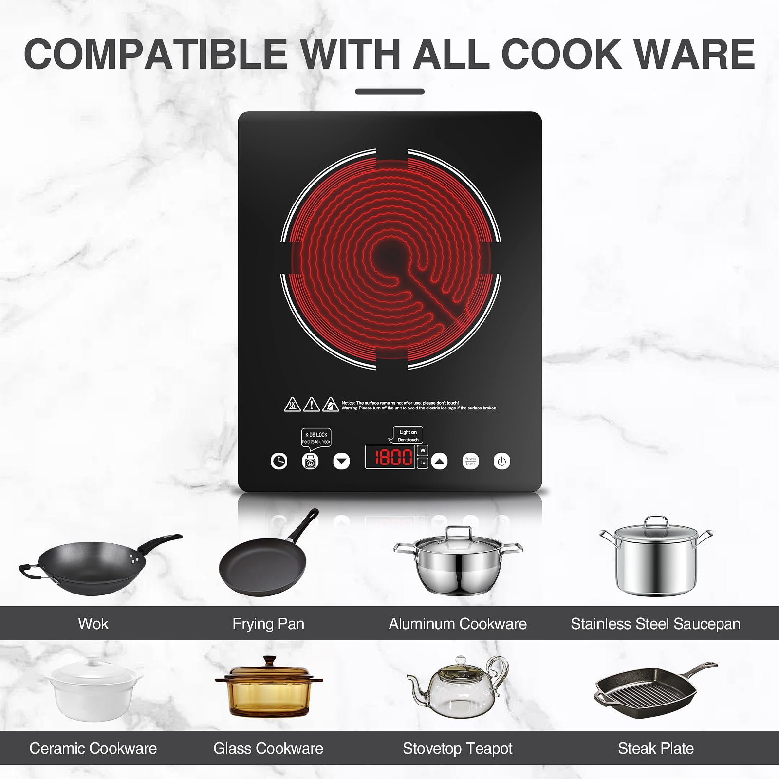 Electric Cooktop, 1800W Single Burner Electric Stove 110v Countertop Hot Plates Electric Plug in, Touch Control, Child Lock, 9 Power Levels Low Noise, 4 Hour-Timer Infrared Cooktop