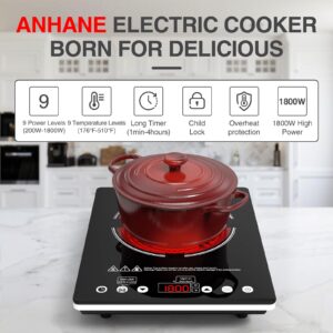 Electric Cooktop, 1800W Single Burner Electric Stove 110v Countertop Hot Plates Electric Plug in, Touch Control, Child Lock, 9 Power Levels Low Noise, 4 Hour-Timer Infrared Cooktop