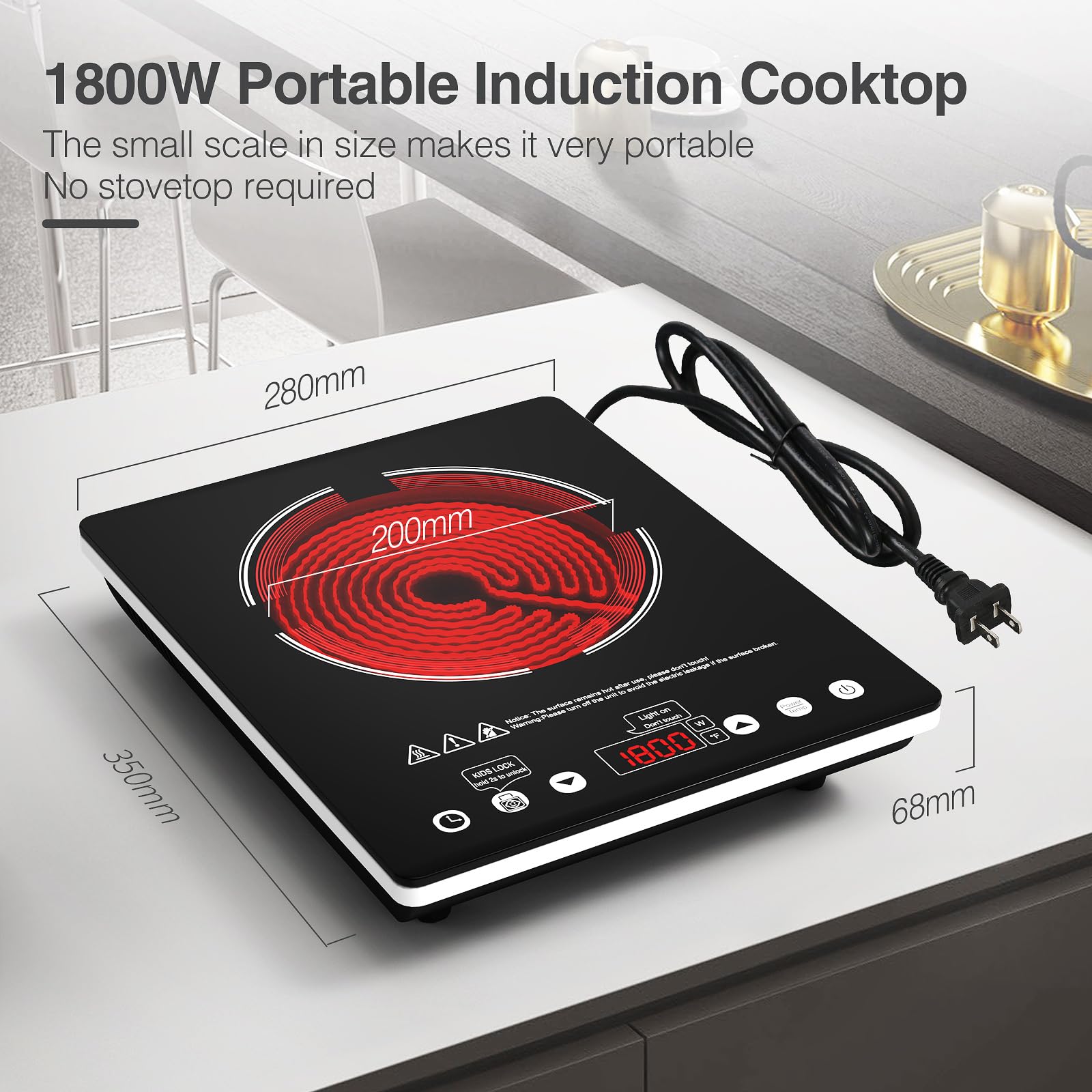 Electric Cooktop, 1800W Single Burner Electric Stove 110v Countertop Hot Plates Electric Plug in, Touch Control, Child Lock, 9 Power Levels Low Noise, 4 Hour-Timer Infrared Cooktop