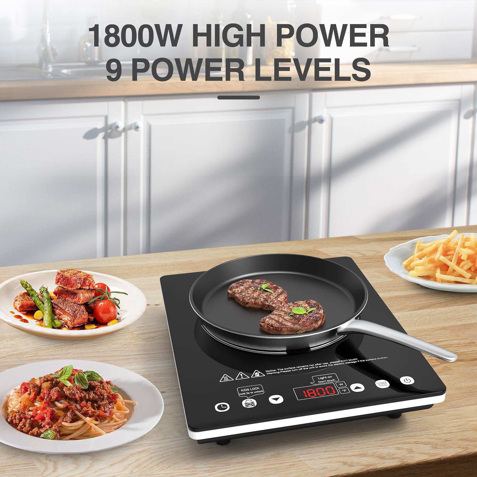 Electric Cooktop, 1800W Single Burner Electric Stove 110v Countertop Hot Plates Electric Plug in, Touch Control, Child Lock, 9 Power Levels Low Noise, 4 Hour-Timer Infrared Cooktop