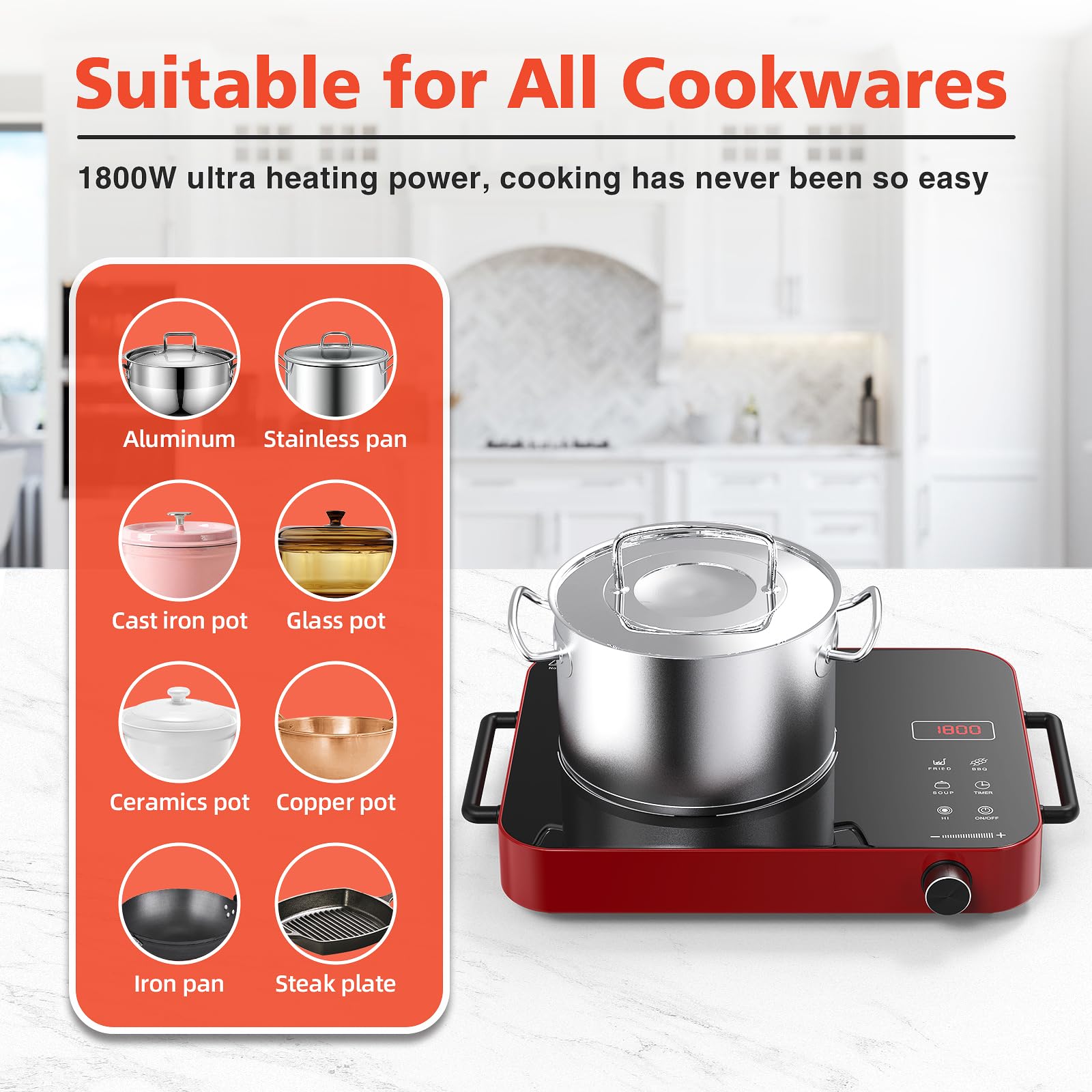 Portable Electric Cooktop, Electric Stove Single Burner Ceramic Cooktop 110v with Plug, Hot Plate Electric Countertop, Child Safety Lock, Timer,1800W Infrared Burner,Touch and Knob Control