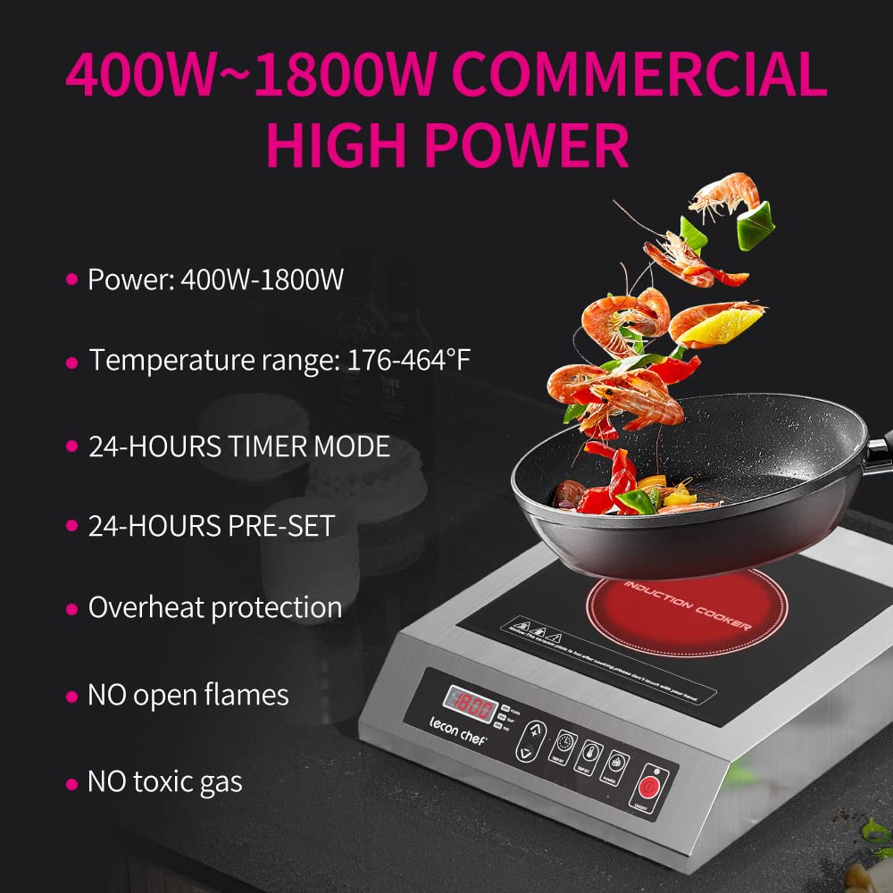 Leconchef Induction Cooktop Induction Cooker Stainless Steel Commercial Grade Countertop Induction Cooker Portable Electric Burner 10 Power&Temperature Settings,24 Hours Timer&Preset for