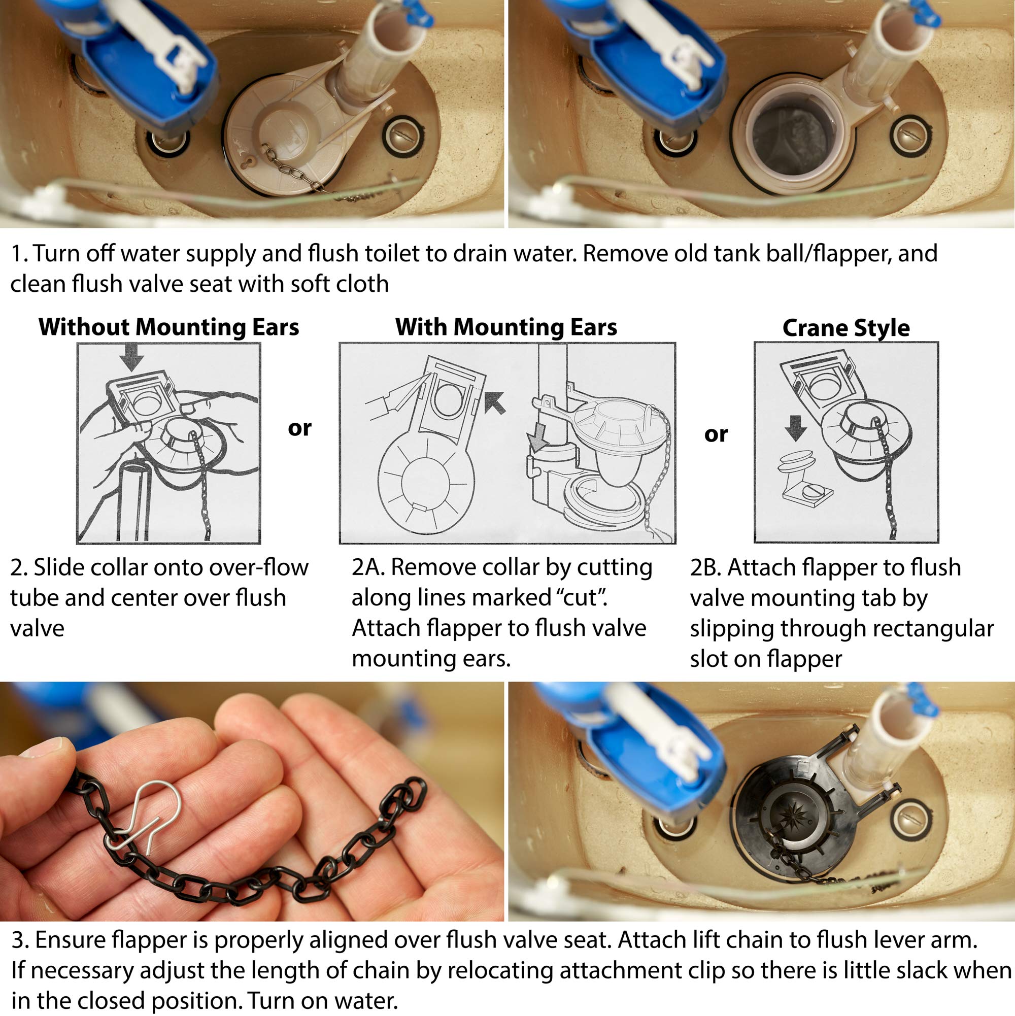 Qualihome Toilet Flapper Replacement Part - Universal Fit - 2 Inch Hinge Flapper Valve Repair Kit with Chain - Easy Installation, Instructions Included