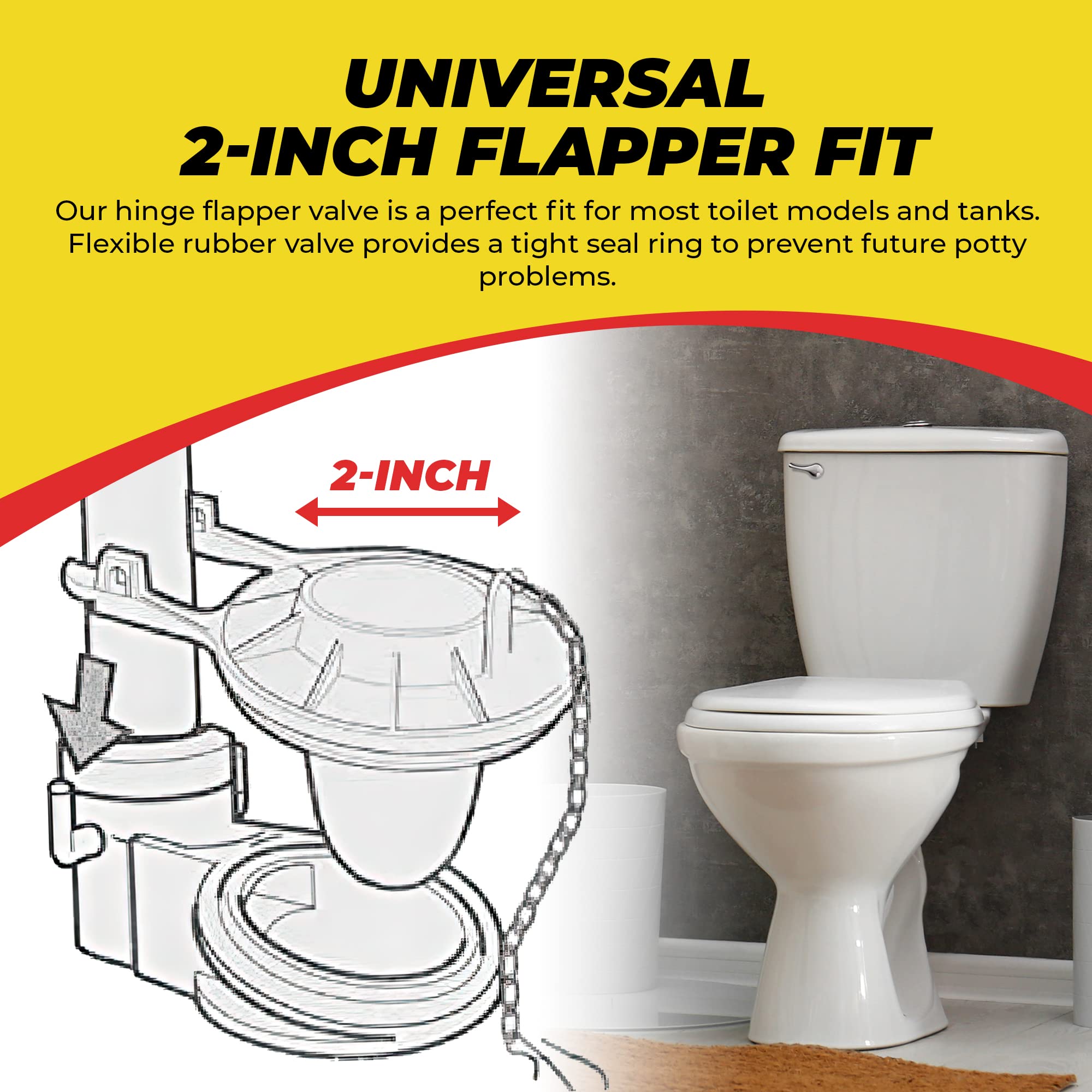 Qualihome Toilet Flapper Replacement Part - Universal Fit - 2 Inch Hinge Flapper Valve Repair Kit with Chain - Easy Installation, Instructions Included