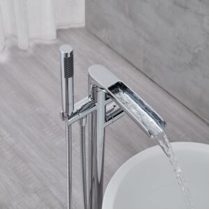 Qinkell Thermostatic Freestanding Bathtub Faucet Waterfall Tub Filler Chrome Floor Mount Bathroom Taps with Handheld Shower