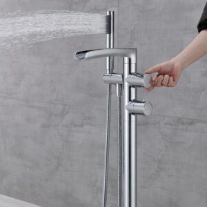 Qinkell Thermostatic Freestanding Bathtub Faucet Waterfall Tub Filler Chrome Floor Mount Bathroom Taps with Handheld Shower