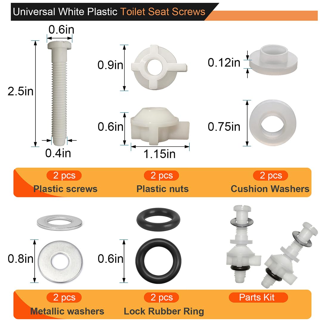 2 Pack Universal White Plastic Toilet Seat Screws Replacement, Toilet Seat Hinges Bolts and Nuts For Top Mount Toilet lid Fastener Parts Kit