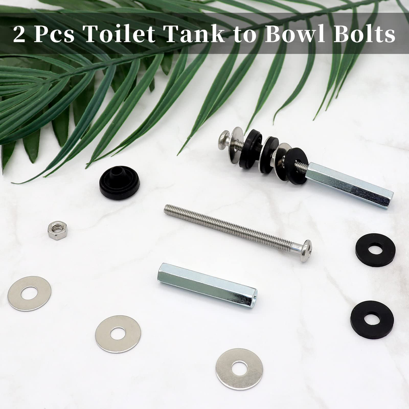 2PCS Universal Toilet Tank to Bowl Bolts Kit, Heavy Duty Toilet Bolts, Bolts for Toilet Tank, Waterproof Stainless and Rubber Washers Gaskets with Extra Long Nut Screw for Fastening(Silver)