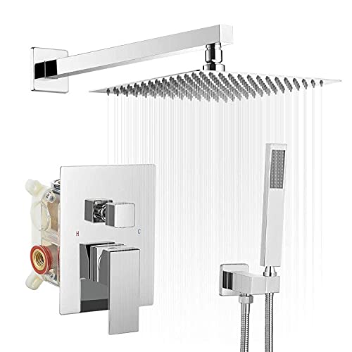 BWE 12 Inch Square Bathroom Luxury Rain Mixer Shower Combo Set Wall Mounted 2-Functions Rainfall Shower Head System Polished Chrome Shower Faucet Rough-in Valve Body and Trim Included