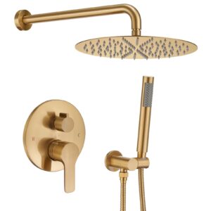 iriber brushed gold shower system wall mounted shower faucet mixer set with 12 inches rain shower head and handheld, bathroom champagne bronze rainfall golden shower trim kit contain valve