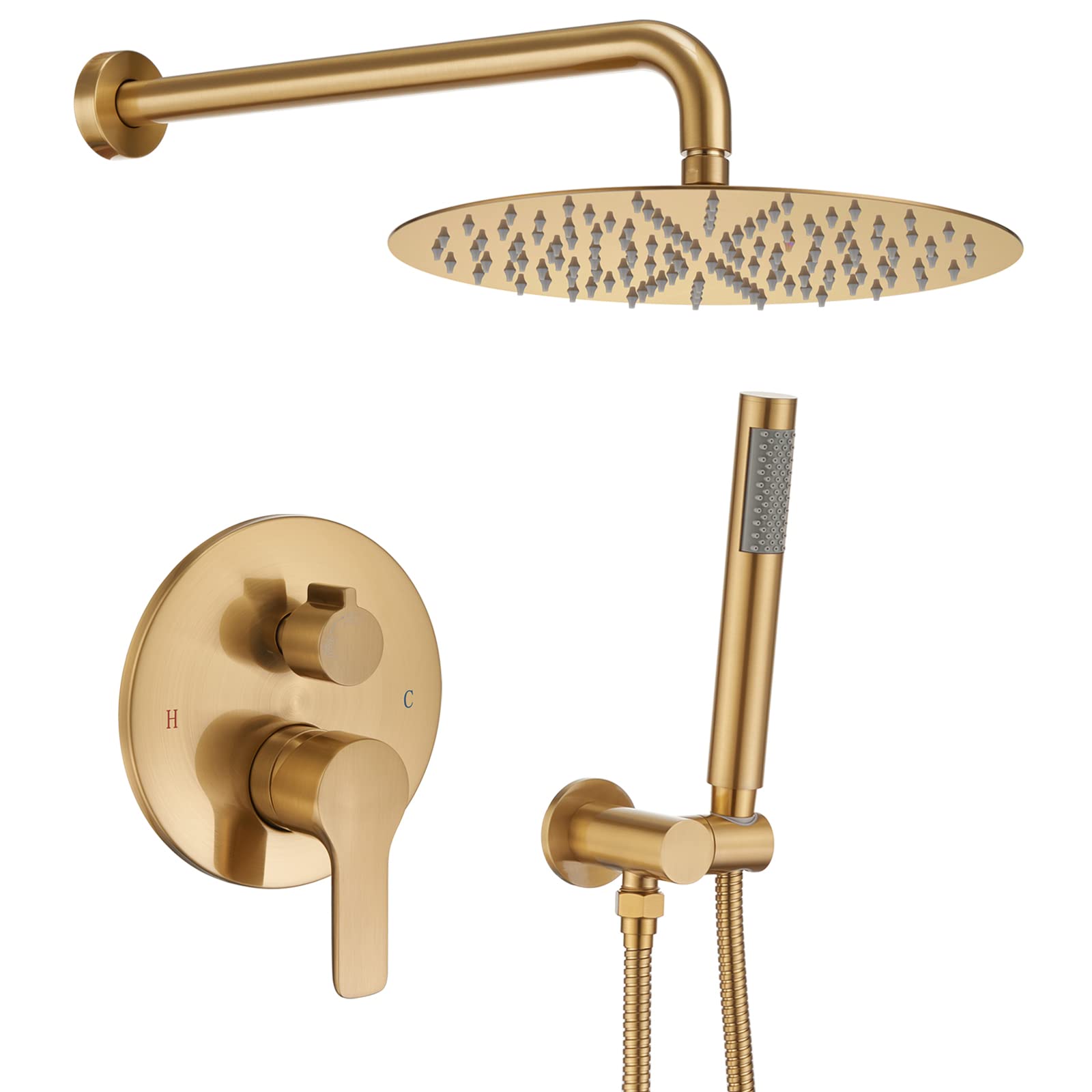 Iriber Brushed Gold Shower System Wall Mounted Shower Faucet Mixer Set with 12 Inches Rain Shower head and Handheld, Bathroom Champagne Bronze Rainfall Golden Shower Trim Kit Contain Valve