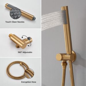 Iriber Brushed Gold Shower System Wall Mounted Shower Faucet Mixer Set with 12 Inches Rain Shower head and Handheld, Bathroom Champagne Bronze Rainfall Golden Shower Trim Kit Contain Valve