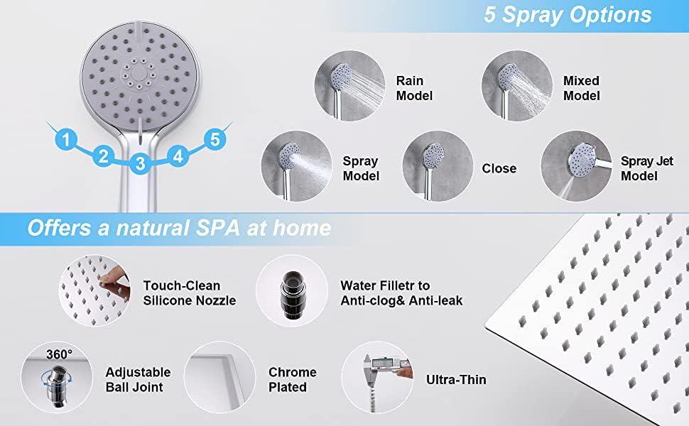 Bathroom Shower Kit, Fixed Shower Head and Handheld Shower, Round Replacement Overhead Rain Shower Head, Handheld Shower with Spray Mode, Universal, Water Saving (6in)