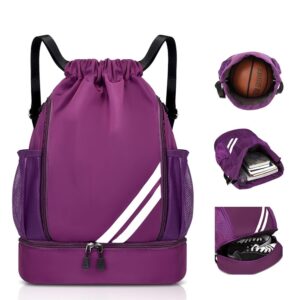 drawstring backpack sports gym bag with shoes compartment, waterproof draw string back bag for men women (purple)