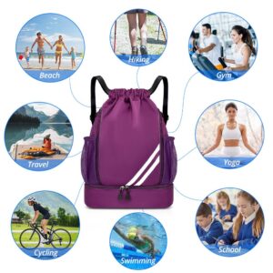 Drawstring Backpack Sports Gym Bag with Shoes Compartment, Waterproof Draw String Back Bag for Men Women (Purple)