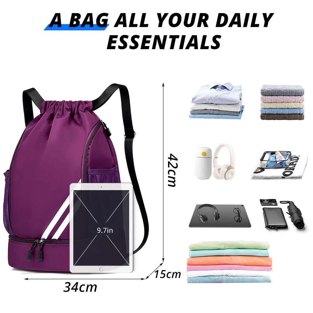 Drawstring Backpack Sports Gym Bag with Shoes Compartment, Waterproof Draw String Back Bag for Men Women (Purple)