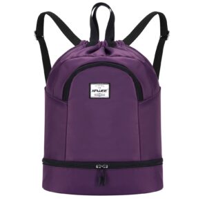 hawee dry wet drawstring backpack with shoe compartment for women and men waterproof yoga string bag outdoor sports rucksack for gym/beach/swim pool, purple