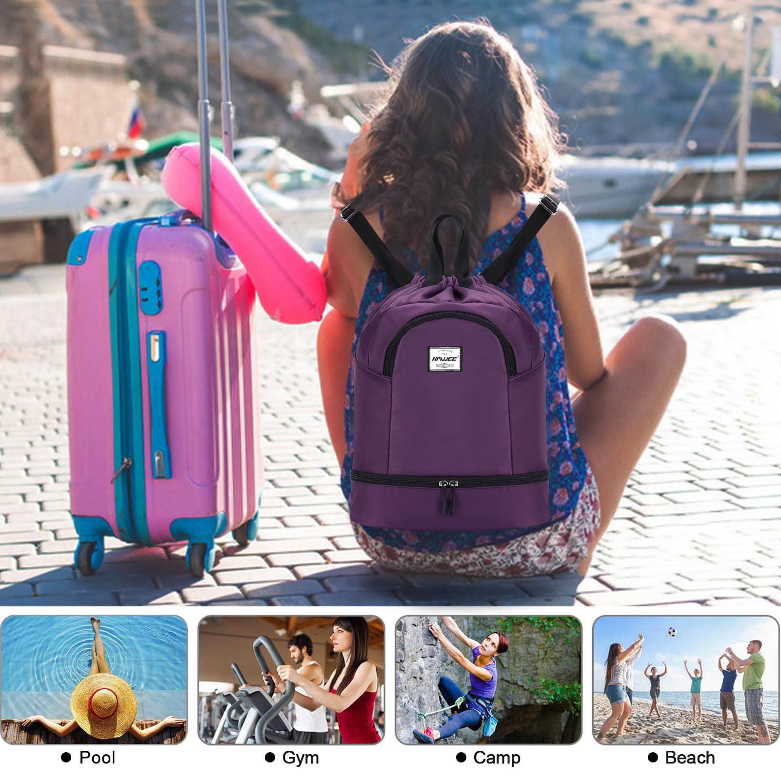 HAWEE Dry Wet Drawstring Backpack with Shoe Compartment for Women and Men Waterproof Yoga String Bag Outdoor Sports Rucksack for Gym/Beach/Swim Pool, Purple