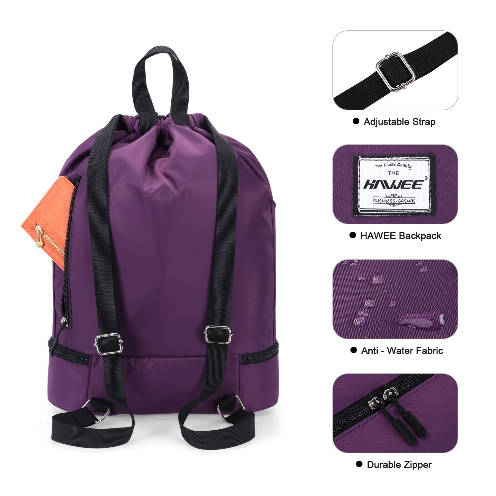 HAWEE Dry Wet Drawstring Backpack with Shoe Compartment for Women and Men Waterproof Yoga String Bag Outdoor Sports Rucksack for Gym/Beach/Swim Pool, Purple