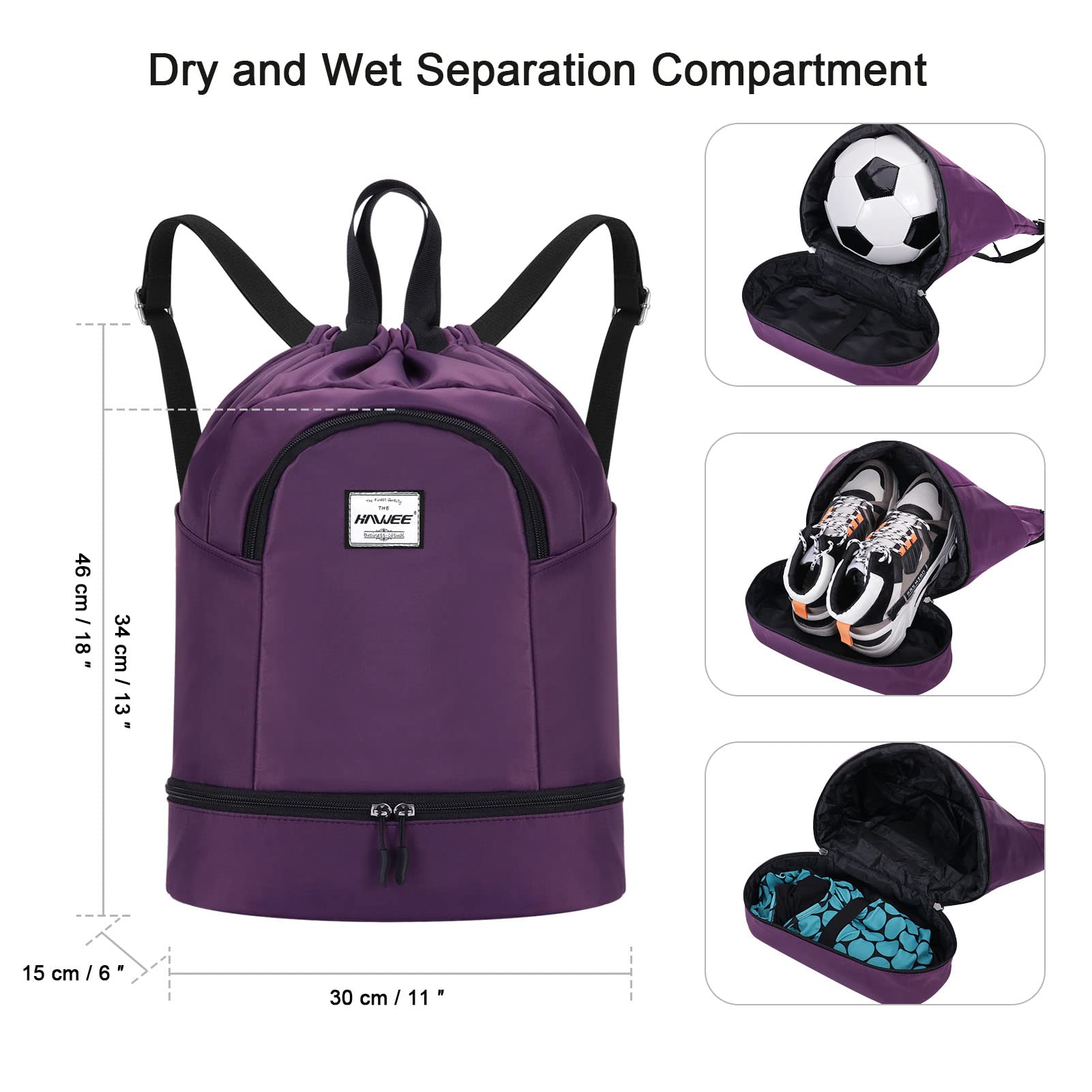 HAWEE Dry Wet Drawstring Backpack with Shoe Compartment for Women and Men Waterproof Yoga String Bag Outdoor Sports Rucksack for Gym/Beach/Swim Pool, Purple