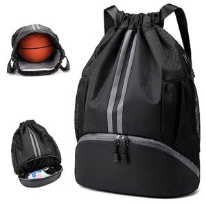 zixkub drawstring backpack gymbag water resistant sports sackpack with zipper/shoe compartment/wet pocket/mesh pockets gym sack for women men lightweight string bag for travel soccer swim, black