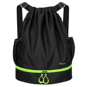 ryaco drawstring backpack sports gym bag, water resistant string sackpack large size with zipper and water bottle mesh pockets for gym shopping sport yoga school swimming beach (black & neon green)