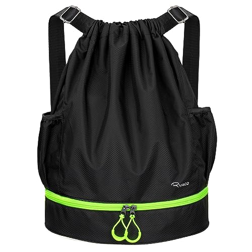 Ryaco Drawstring Backpack Sports Gym Bag, Water Resistant String Sackpack Large Size with Zipper and Water Bottle Mesh Pockets for Gym Shopping Sport Yoga School Swimming Beach (Black & Neon Green)