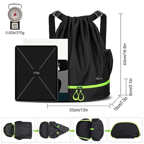 Ryaco Drawstring Backpack Sports Gym Bag, Water Resistant String Sackpack Large Size with Zipper and Water Bottle Mesh Pockets for Gym Shopping Sport Yoga School Swimming Beach (Black & Neon Green)