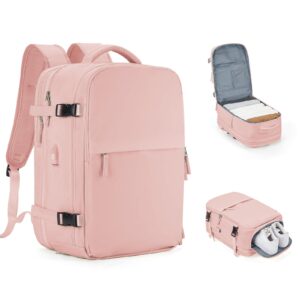 Expandable Backpack For Traveling On Airplane Carry On Backpack Flight Approved Personal Item Travel Backpack For Women Men Airline Approved Gym Bag With Shoe Compartment Travel Weekender Bag Pink