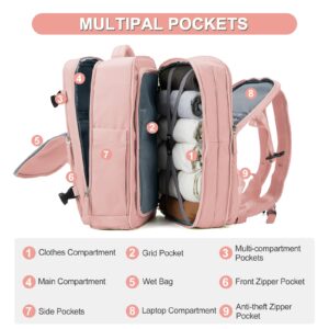 Expandable Backpack For Traveling On Airplane Carry On Backpack Flight Approved Personal Item Travel Backpack For Women Men Airline Approved Gym Bag With Shoe Compartment Travel Weekender Bag Pink