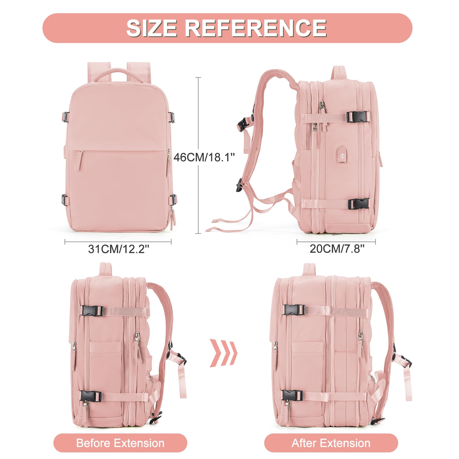 Expandable Backpack For Traveling On Airplane Carry On Backpack Flight Approved Personal Item Travel Backpack For Women Men Airline Approved Gym Bag With Shoe Compartment Travel Weekender Bag Pink