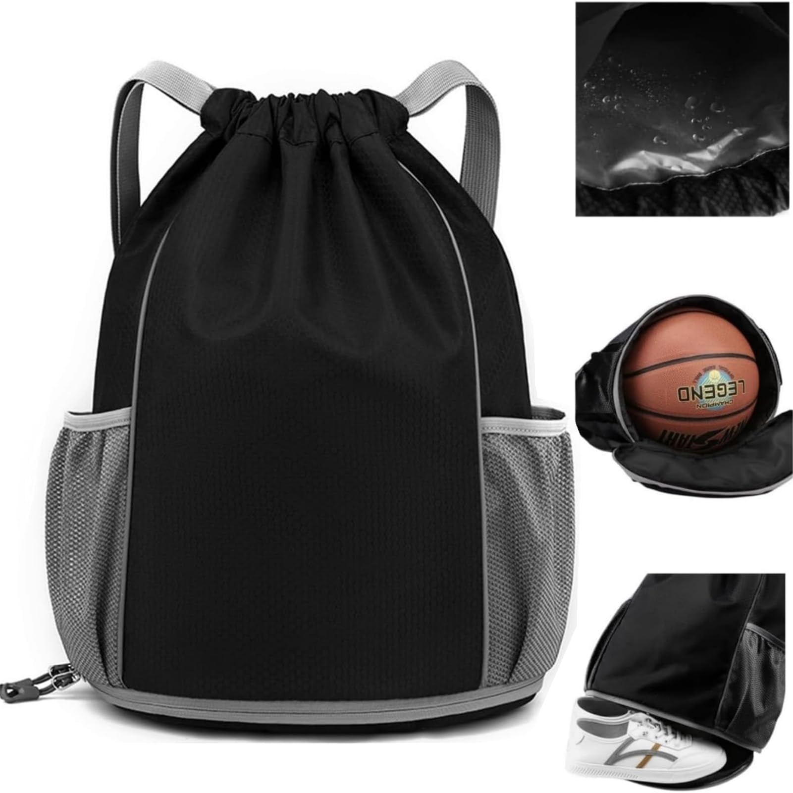 BLIRITEL Drawstring Backpack Sports Gym Bag, Soccer Backpack, Waterproof Soccer Bag for Men Women, String Basketball Bag Football Backpack with Shoes Compartment (Black)