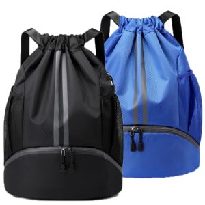 BRILISLE Drawstring Backpack Water-Resistant Sports Gym Bag for Women & Men with Shoes Compartment and Wet-Proof Pocket blkblu